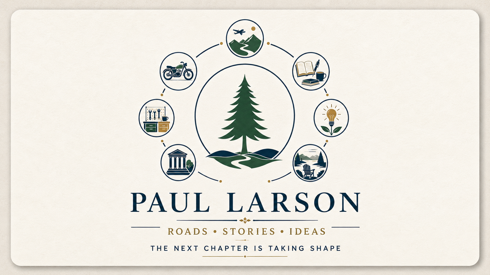 Paul Larson ... Roads, Stories, Ideas. An illustrated evergreen tree and winding road surrounded by symbols representing motorcycling, travel, writing, building, history and new ideas. The next chapter is taking shape.